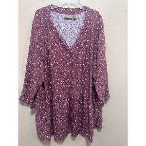 Naturals‎ & Co. Womens 2X Floral Button Down 3/4 Sleeve Blouse Top Purple